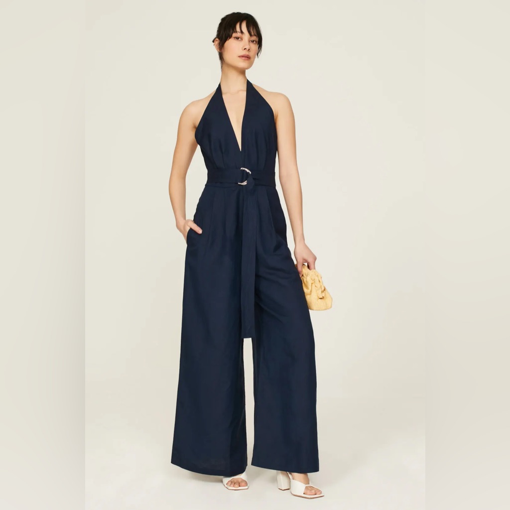 Adam Lippes Collective Halter Jumpsuit Wide Leg In Navy Linen Blend Size 14